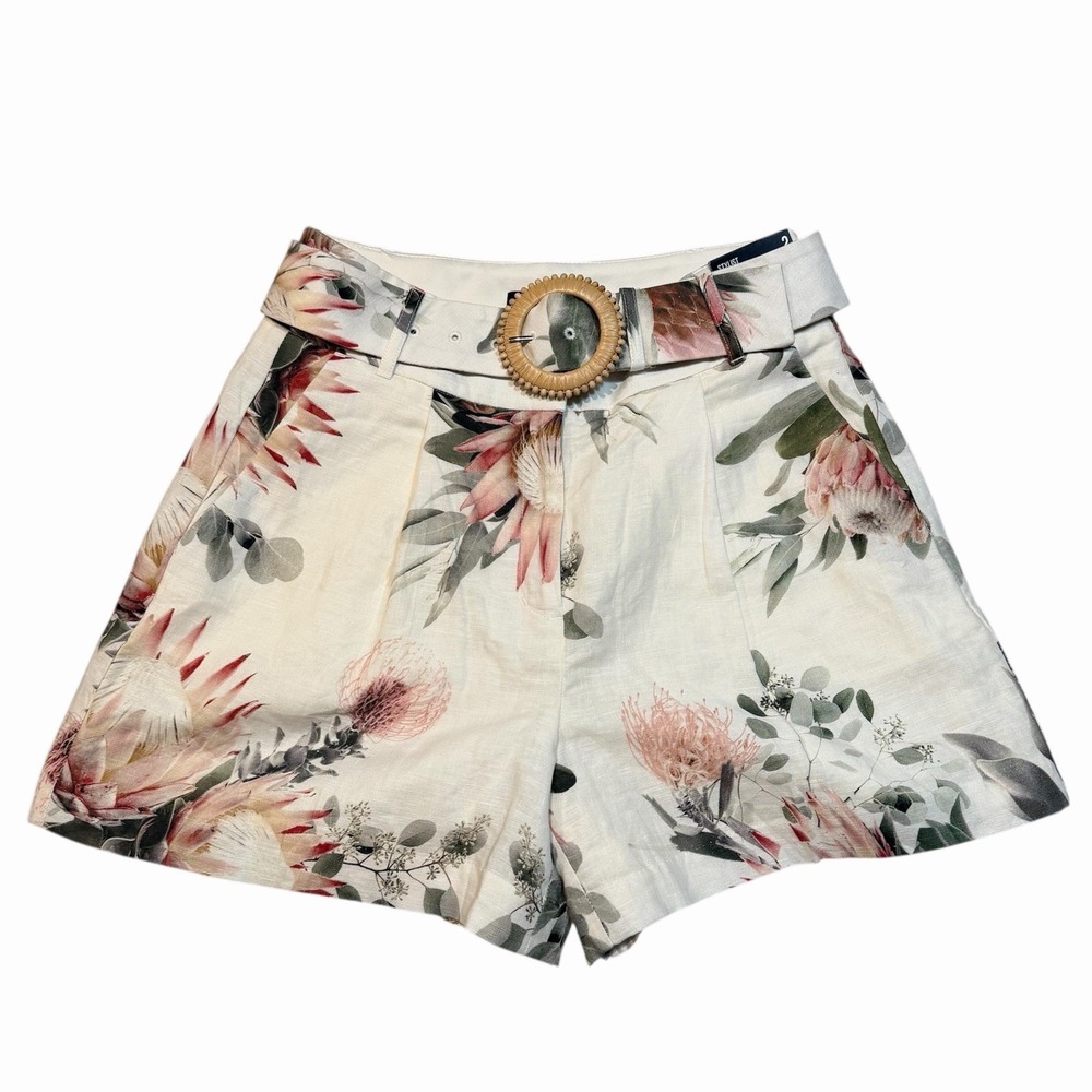 Express Size 2 Stylist Super High Rise Linen-Blend Floral Shorts w Belt NWT